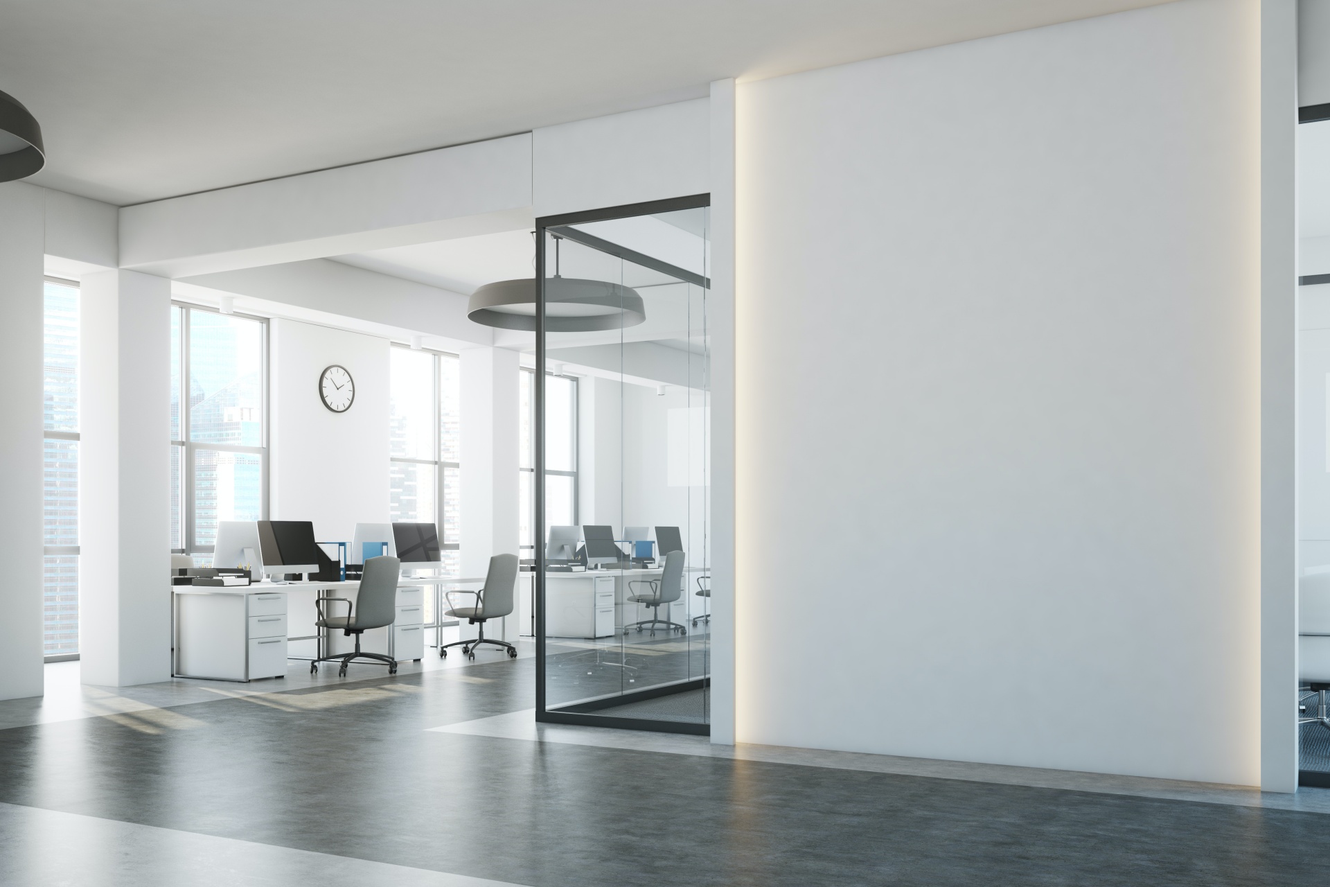 white office wall and desks